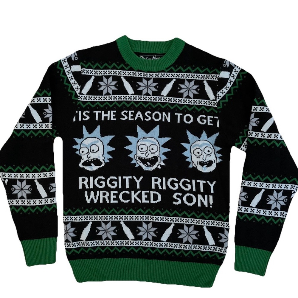 Rick and Morty Cartoon Network Black Green Graphic Sweater Winter Size Medium